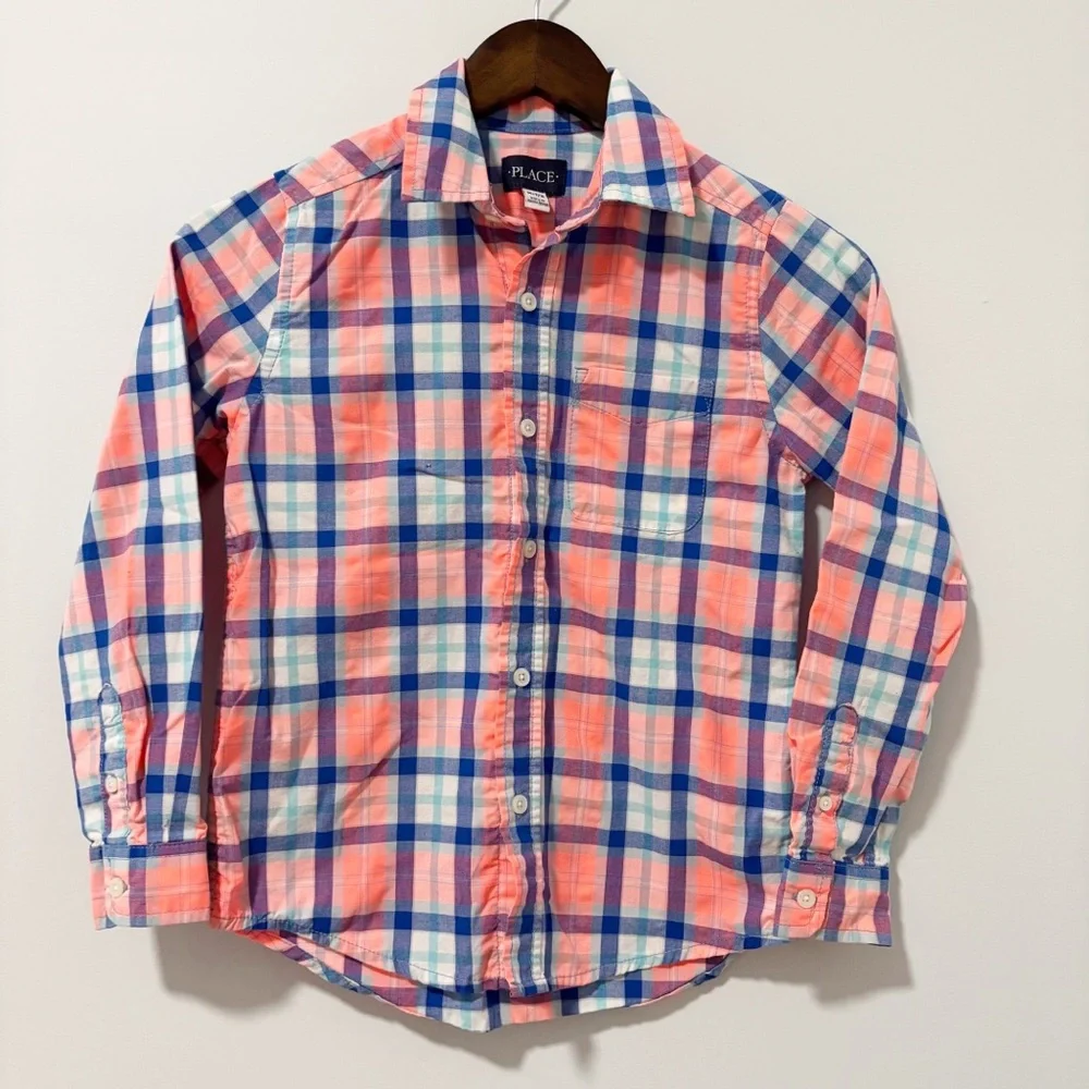 The Children's Place Kids Orange and Blue Plaid Button-Down Shirt Boys Size 7/8
